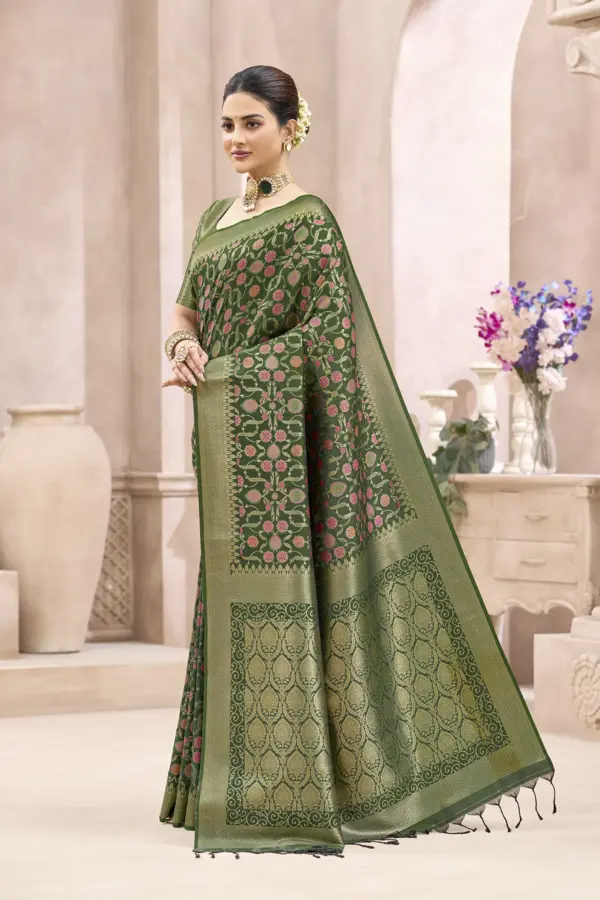Royal Bottle Green Banarasi Silk Saree with Pink Floral Jaal & Zari Border