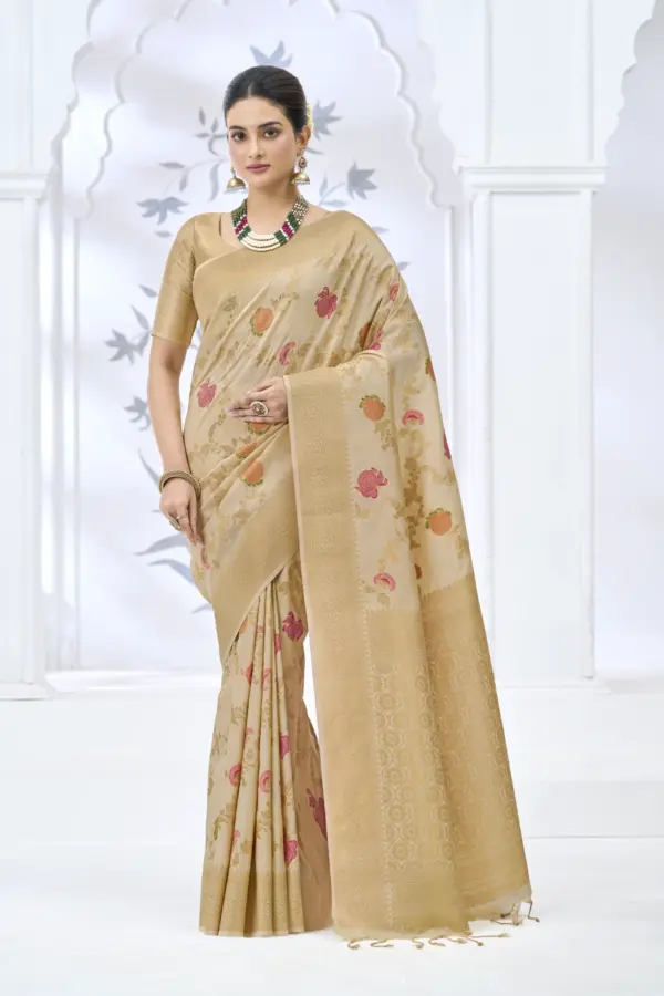 Royal Cream Banarasi Silk Saree with Meenakari Floral Weave and Zari Border