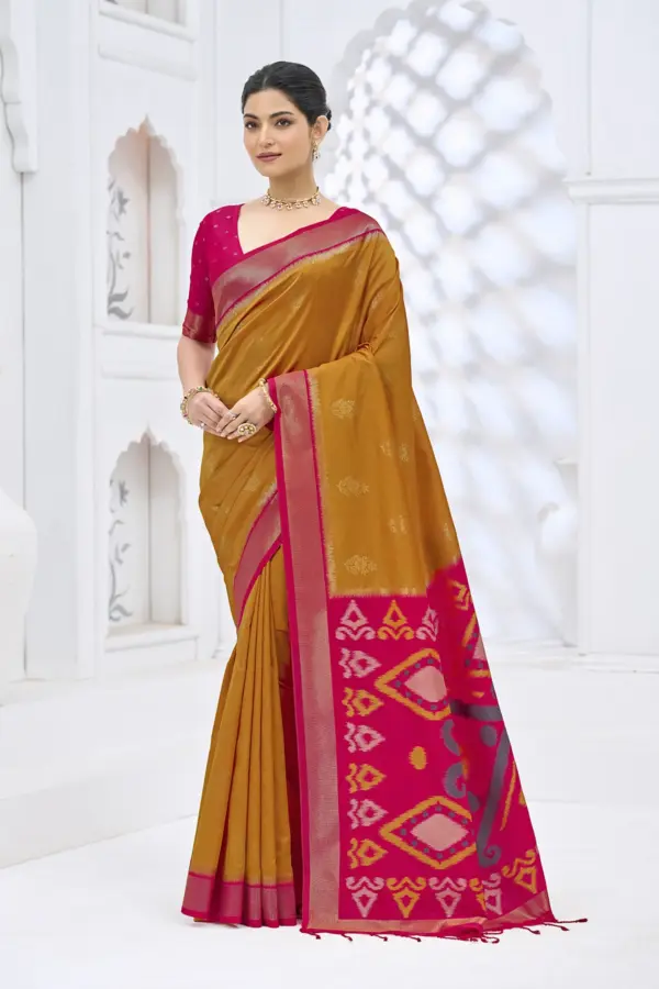 Lustrous Silk Saree with Heritage Elephant & Peacock Motif Pallu and Designer Contrast Blouse