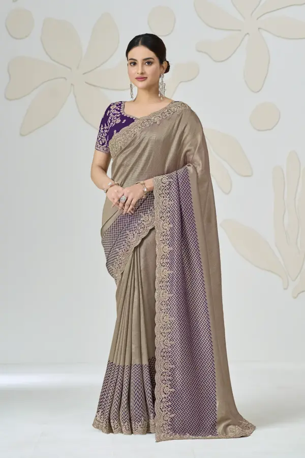 Elegant Taupe Silk Saree with Purple Chevron Border and Intricate Zari Embroidery