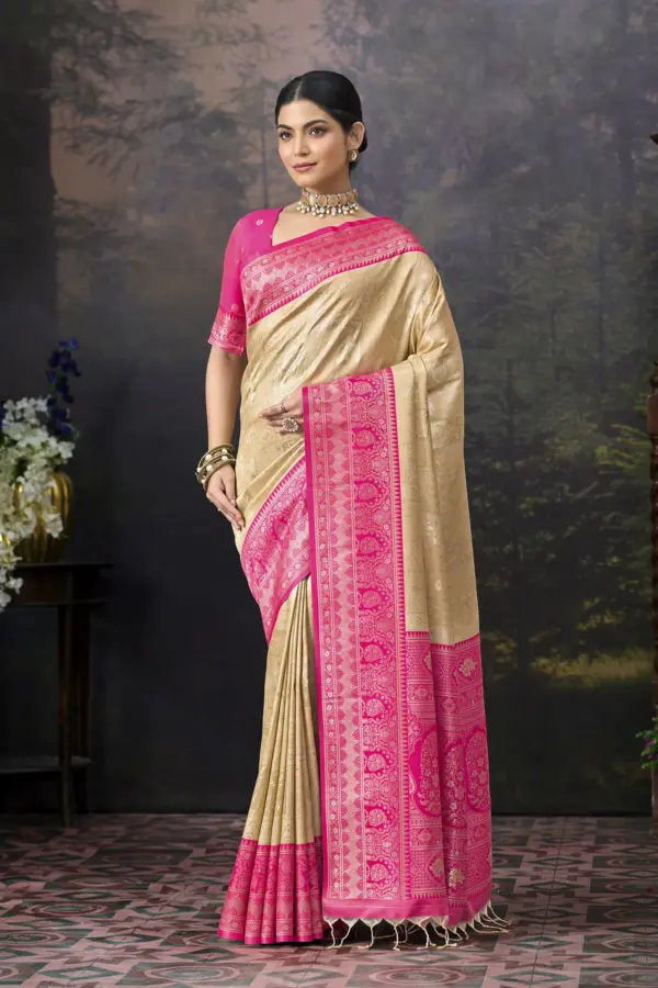 Imperial Champagne Gold Art Banarasi Silk Saree with Rani Pink Zari Border and Floral Kalpa-Vriksha Pallu