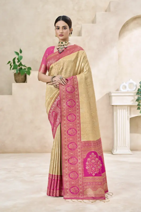 Regal Champagne Gold Banarasi Silk Saree with Rani Pink Floral Zari Border & Rich Pallu