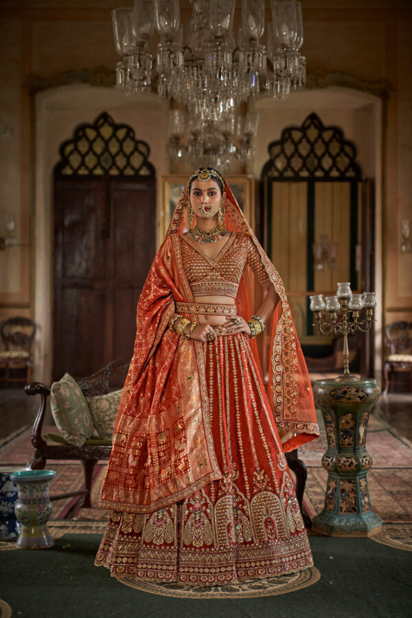 Regal Rust-Red Heritage Banarasi & Embroidered Silk Bridal Lehenga Choli