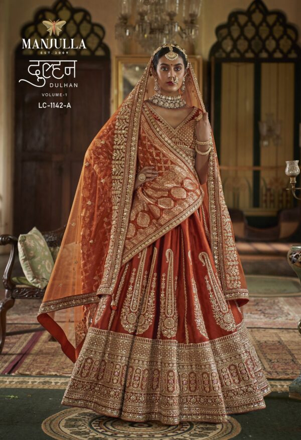 Rust Orange Silk Bridal Lehenga Choli with Heavy Zari Work & Dual Dupatta Style