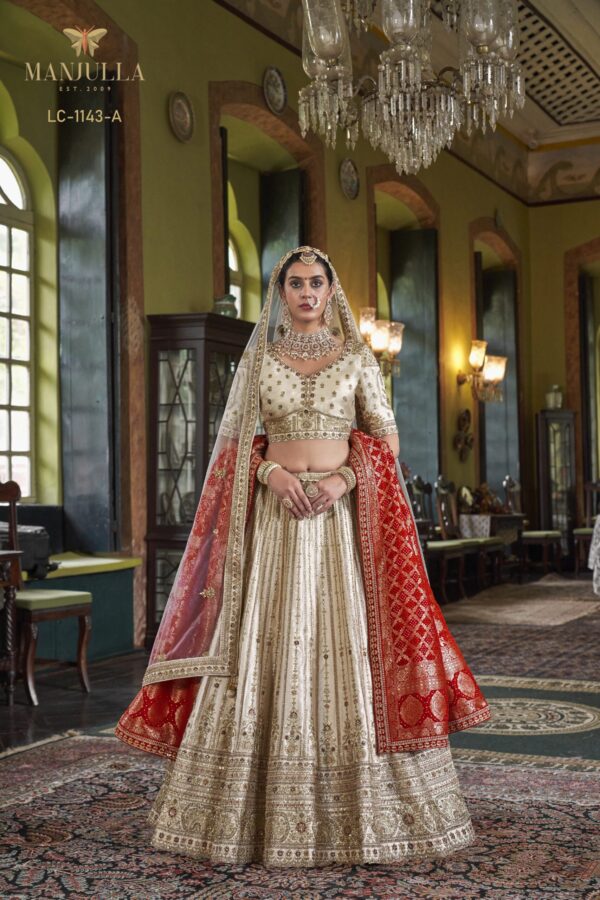 Designer Cream & Gold Silk Bridal Lehenga Choli with Contrast Red Banarasi Dupatta