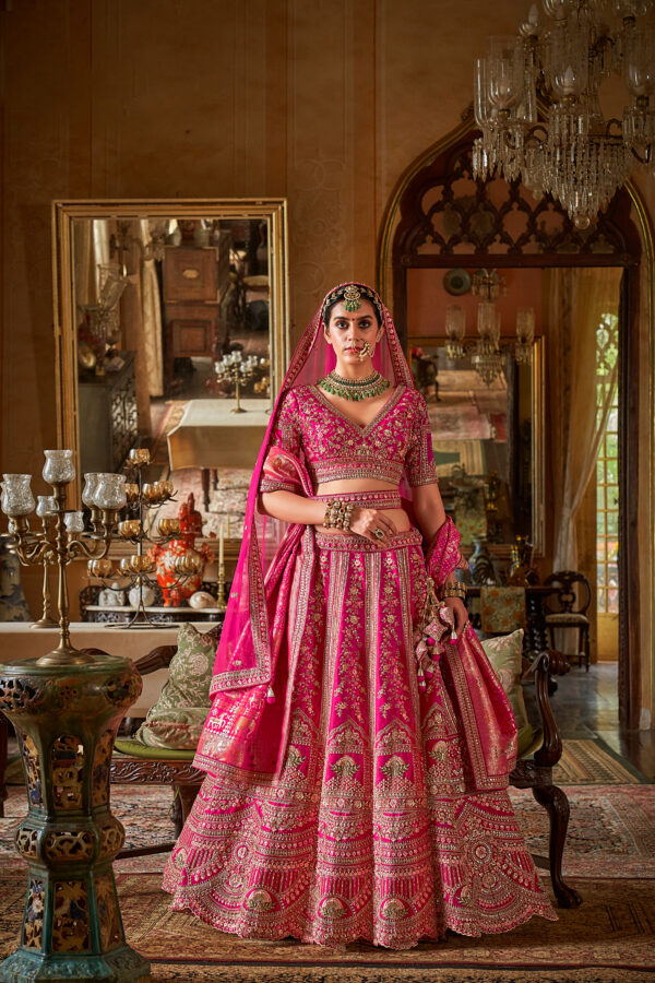 Rani Pink Designer Silk Bridal Lehenga Choli with Dual Banarasi & Net Dupatta