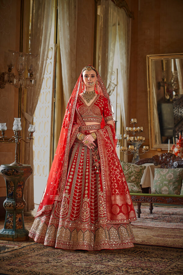 Timeless Bridal Red Silk Lehenga Choli with Antique Zari Embroidery & Dual Banarasi-Net Dupatta