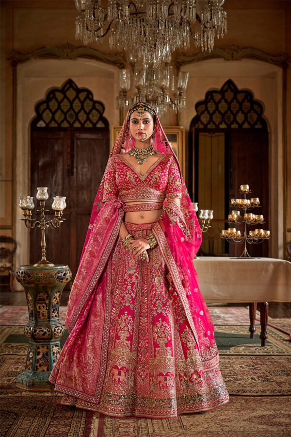Rani Pink Silk Bridal Lehenga Choli with Dori, Zari, and Sequin Hand Embroidery