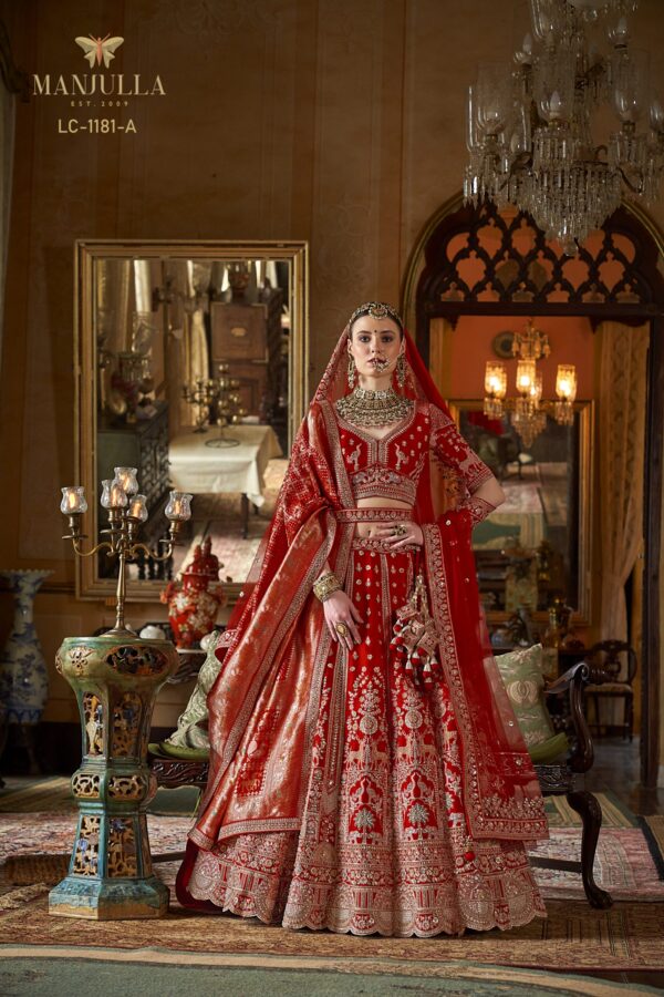 Signature Red Silk Bridal Lehenga Choli with Scalloped Borders and Heritage Motifs