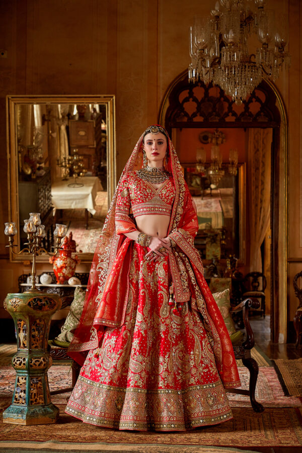 Heritage Red Bridal Lehenga Choli with Grand Paisleys and Intricate Zari Embroidery