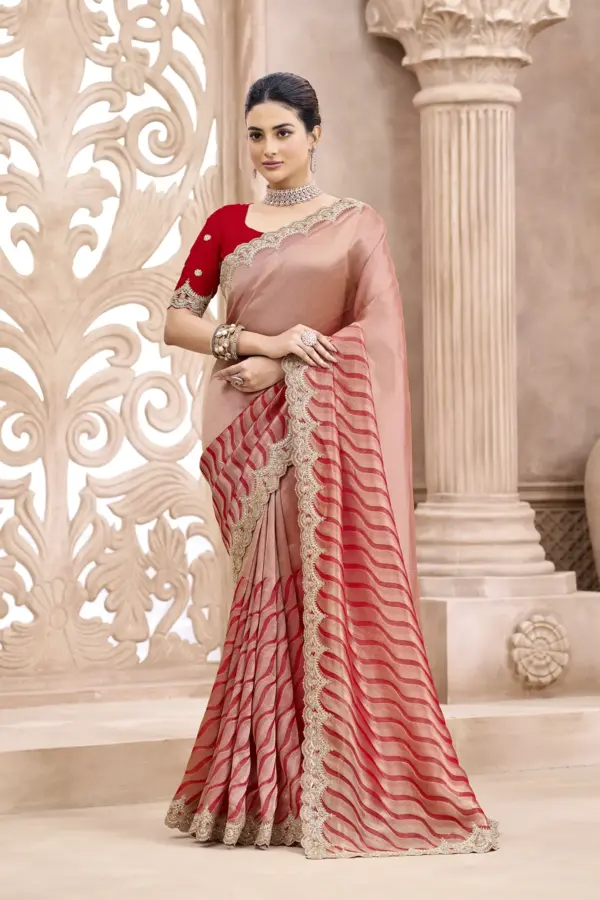 Peach and Red Dual-Tone Metallic Silk Saree with Scalloped Zari Border and Waves Print Pleats