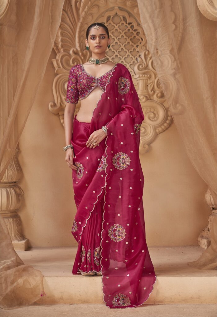 Dark red embroidered saree for weddings and receptions at Manjula Fashions Surat