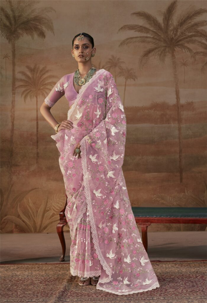 Dusty pink embroidered saree with sequin bird motifs – Manjula Fashions Surat